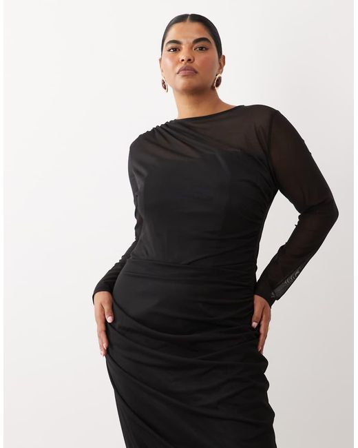 Tfnc Plus Black Mesh Overlay Jersey Long Sleeve Maxi Dress