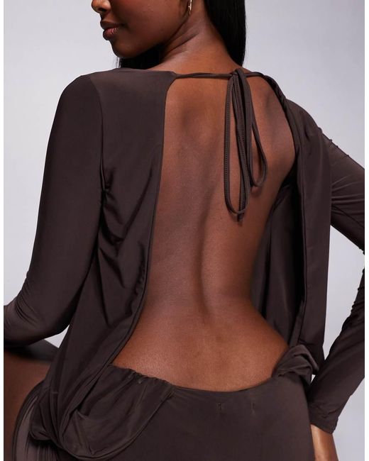 Fashionkilla Purple Exclusive Double Sculpted Slinky Long Sleeve Fold Over Waist Detail Open Tie Back Mini Dress
