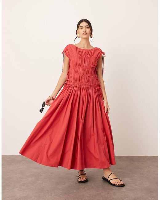 ARRANGE Red Clean Cotton Drawstring Detail Trapeze Midi Dress With Pockets