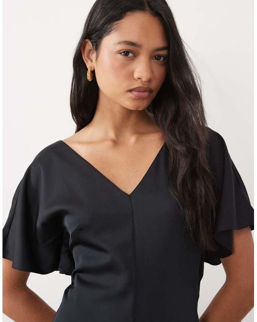 ASOS Black V Neck Satin Midi Tea Dress