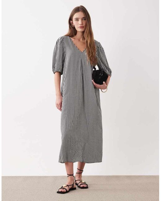 Jdy Gray V Neck Puff Sleeve Midi Dress