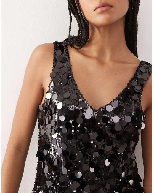 Noisy May Natural V Neck Disc Sequin Sleeveless Mini Dress With Lace Hem