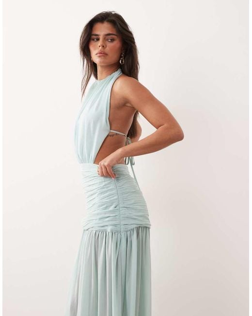 Noughts & Kisses Blue Halterneck Pleated Cinched Waist Sheer Hem Maxi Dress