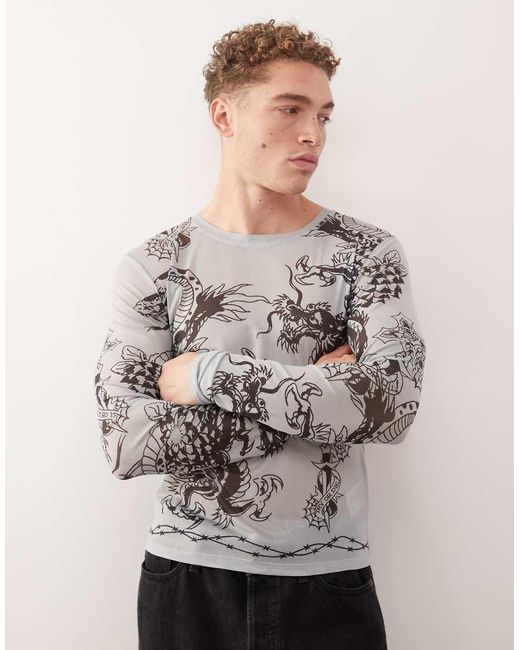 Ed Hardy Gray Snake And Dragon Long Sleeve Mesh T-shirt for men