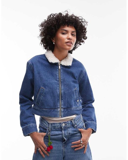 Calvin Klein Blue Sherpa Collar Zip Thru Denim Jacket