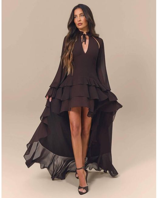 Wanderdoll Black X Emma Milton Fleur Chiffon Tie Neck Ruffle High Low Maxi Dress