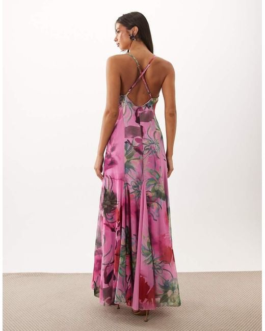 ASOS Pink Printed Mesh Plunge Maxi Dress