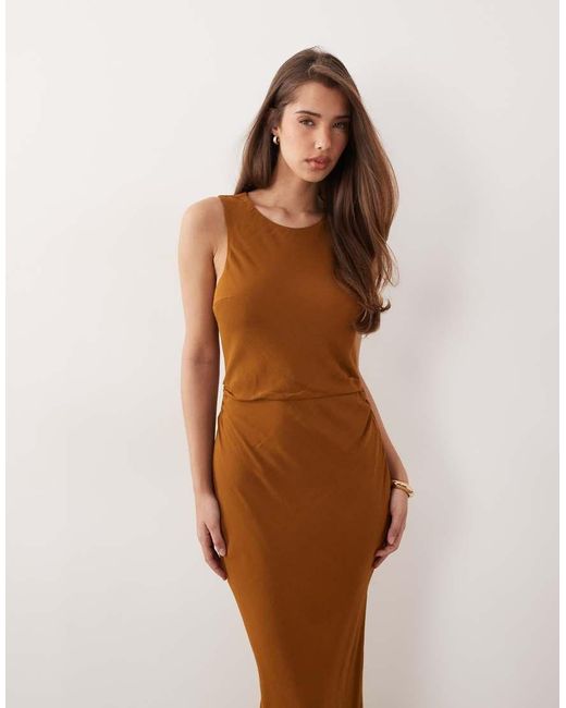 ASOS Natural Draped Open Back Trim Detail Linen Look Maxi Dress