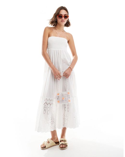 New Look White Shirred Bandeau Broderie Maxi Dress
