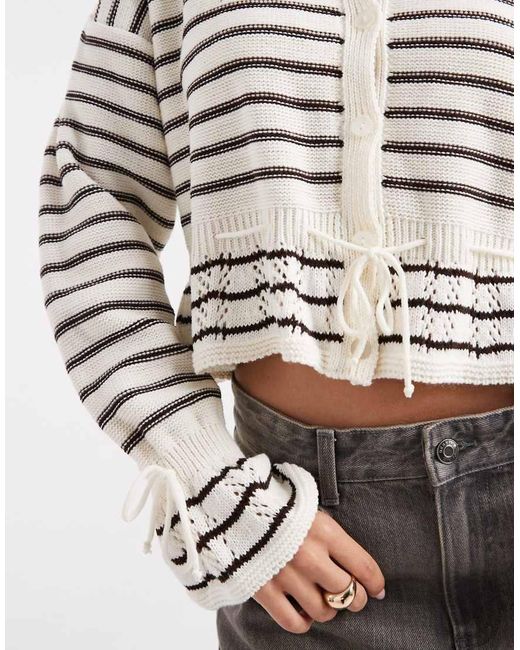 Miss Selfridge White Knitted Tie Waist Stripe Cardigan-yellow