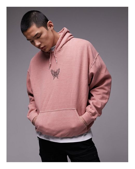 Topman Pink Oversized Fit Hoodie With Butterfly Embroidery for men