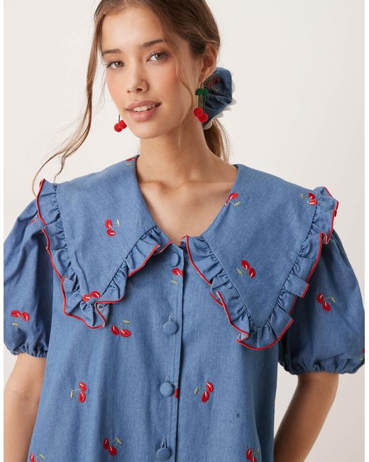Sister Jane Blue Cherry Embellished Oversized Collar Mini Dress Co-ord