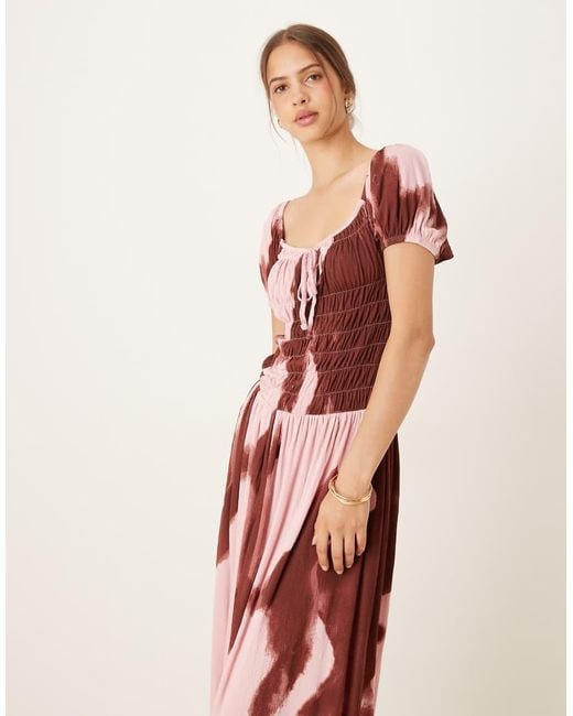 ASOS Pink Crinkle Shirred Waist Milkmaid Puff Sleeve Midi Tea Dress