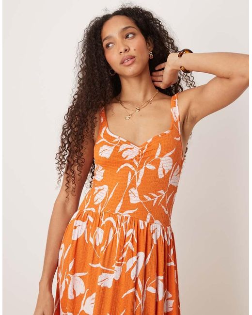 ASOS Orange Crinkle Sweetheart Neck Midi Dress