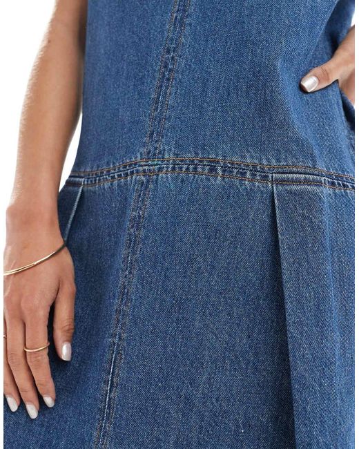 ASOS Blue Denim Sleeveless Mini Dress With Pleated Drop Waist