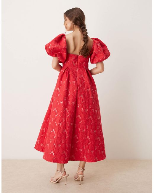 Sister Jane Red Dream Puff Sleeve Jacquard Midaxi Dress