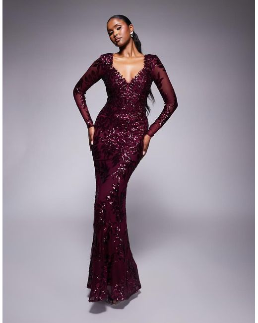 Goddiva Purple Long Sleeve Sequin Leaf Long Sleeve Maxi Dress