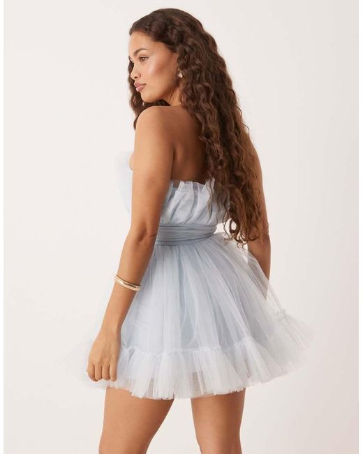 lace and beads structured tulle mini dress Lace & Beads Petite bandeau structured tulle mini dress in sky blue