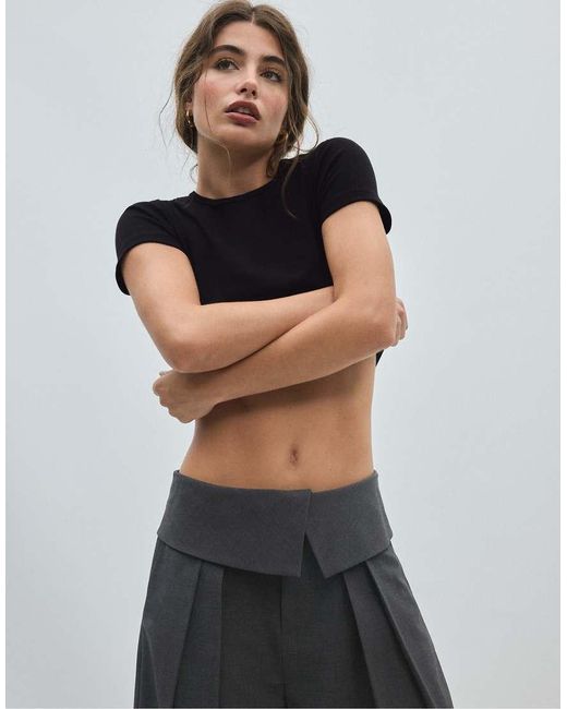 Stradivarius Gray Petite Wide-leg Trousers With Turned-up Waistband