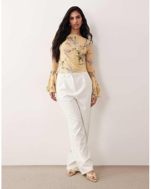 ASOS Natural Mesh Slinky Long Sleeve Top With Flare Sleeve Detail