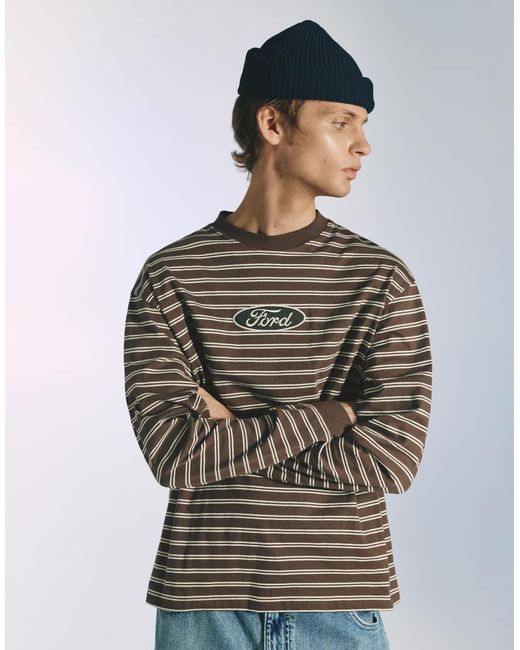 Pull&Bear Gray Ford Striped T-shirt for men