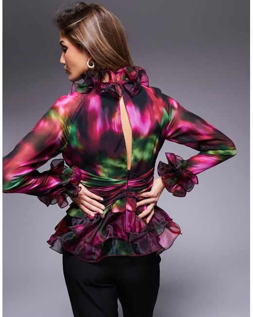 ASOS Multicolor Organza Long Sleeve Exaggerated Ruffle Top