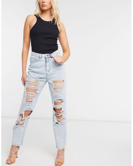 missguided light blue wash riot vintage distress mom jeans