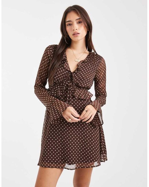 Wednesday's Girl Brown Long Sleeve V Neck Ruffle Polka Dot Mini Dress