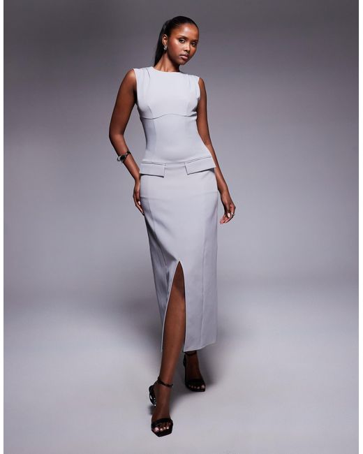 Kaiia Purple Exclusive Tailored Sleeveless High Neck Pocket Detail Split Front Maxi Dress