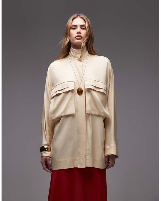 ASOS White Satin Shacket With Concealed Placket And High Neck Detail