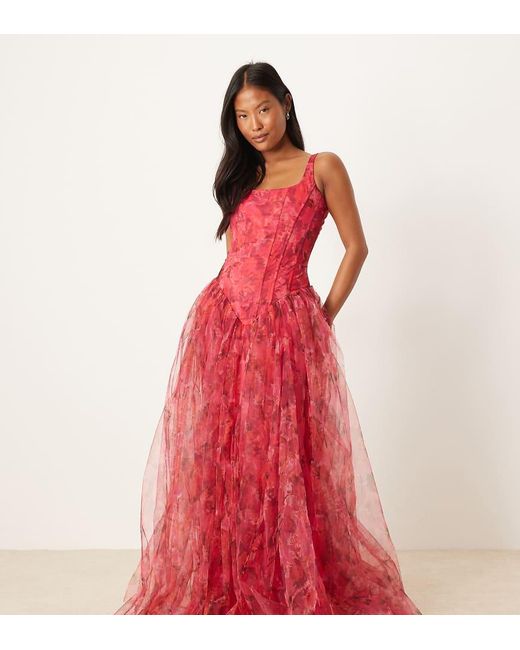 sachin and babi light blue dress LACE & BEADS Drop Waist Corset Detail Maxi Dress in Red
