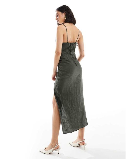 Mango Metallic Linen Ruched Side Cami Midi Dress