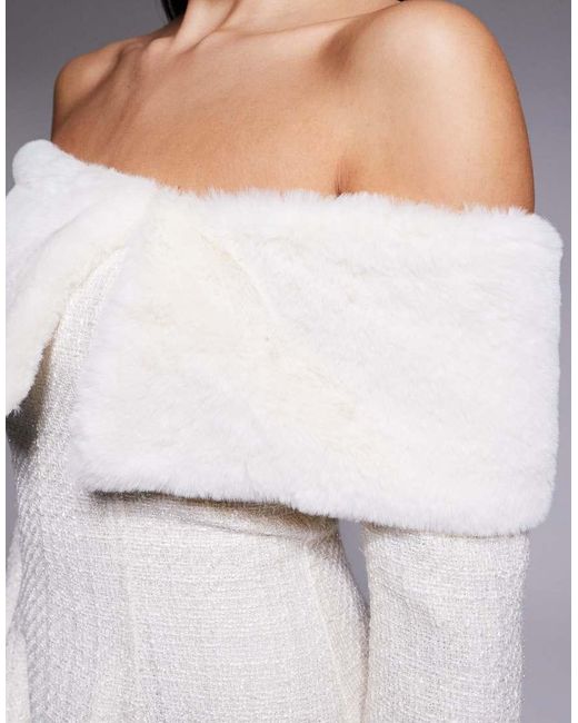 ASOS White Boucle Mini Dress With Faux-fur Trim