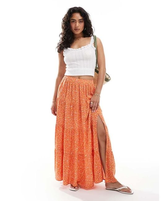 Miss Selfridge Orange Side Split Tiered Maxi Skirt