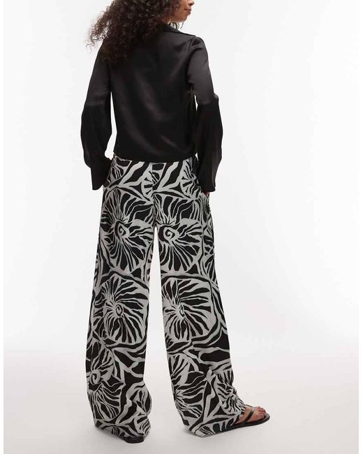 TOPSHOP Black Mono Abstract Shell Print Satin Drawcord Trousers