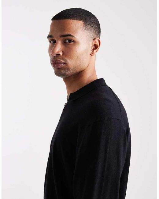Jack & Jones Black Quarter Zip Knitted Polo for men