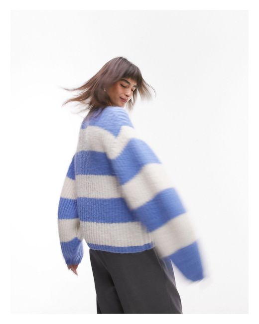 TOPSHOP Blue Knitted Volume Sleeve Fluffy Stripe Jumper