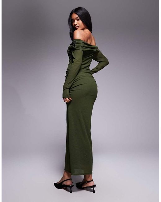 ASOS Green Textured Mesh Bardot Twist Front Midi Dress