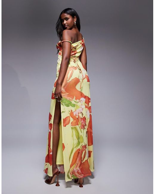 ASOS Maxi Jurk Van Mesh Met Gedraaide Schouderbandjes, Bloemenprint En Veters Aan De Achterkant in het Multicolor