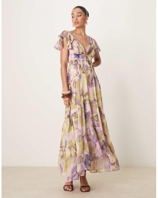 ASOS Pink Flutter Sleeve Ruched Maxi Dress With Hi Low Hem