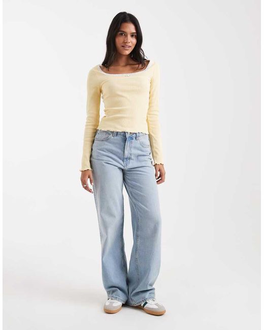 Miss Selfridge Natural Fitted Square Neck Rib Top With Lace Trim
