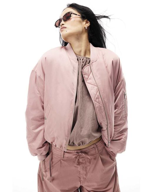 River Island Pink Oversized Ruched Hem Bomber Jacket