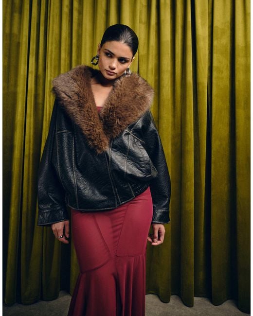 ASOS Black Leather Look Shawl Collar Faux Fur Collar Bomber Jacket