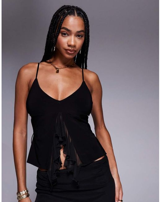 Fashionkilla Black Exclusive Double Sculpted Slinky Ruffle Front Mesh Overlay Top Co-ord