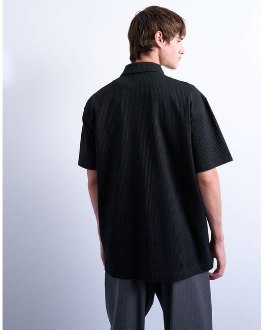 Topman Black Oversized Fit Seersucker Zip Through Shirt for men