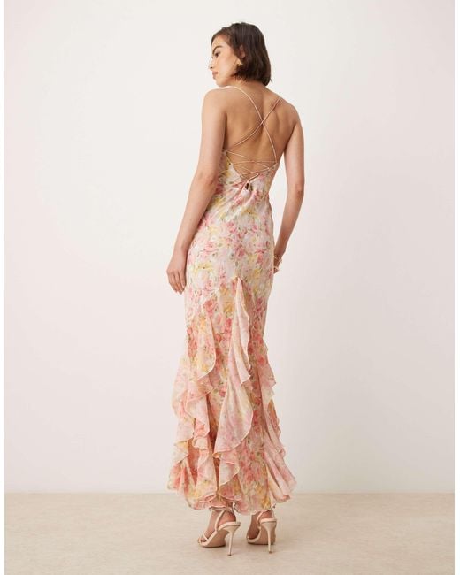 For Love & Lemons Pink Elea Ruffle Maxi Dress With Lace Up Back