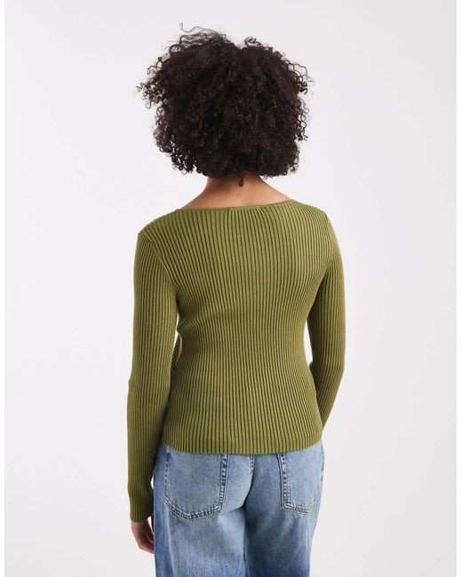 Top en maille côtelée à manches longues et encolure bateau - olive Miss Selfridge en coloris Green
