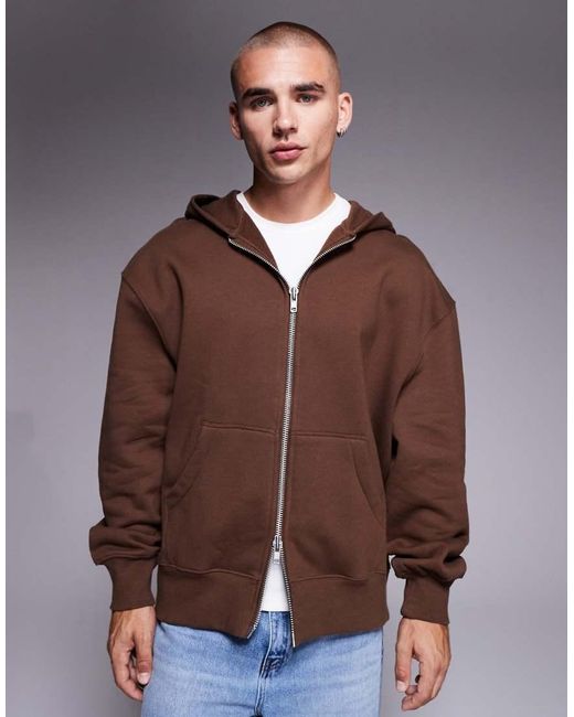 Sudadera Marrón Extragrande Con Capucha Y Cremallera De Tejido Grueso De 400 G/M2 Premium De ASOS de hombre de color Brown
