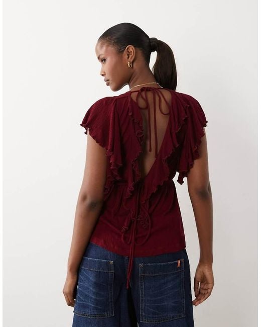 ASOS Red Crinkle Plunge Ruffle Flutter Sleeve Top