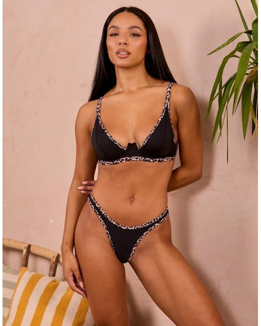 Wolf & Whistle Brown Fuller Bust X Georgia Bayliss High Rise Bikini Bottom With Leopard Print Trim